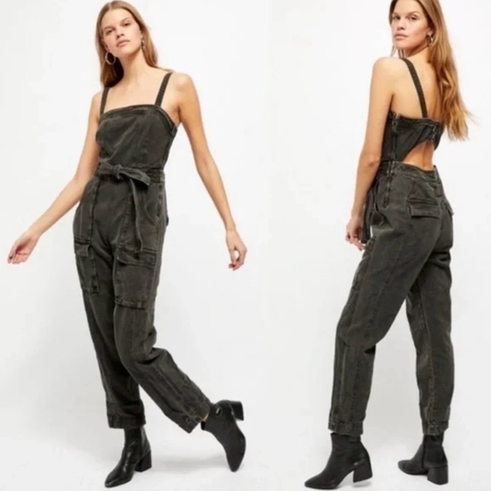 Free People Go West Utility Jumpsuit Black Denim Open Back Women's Size S J